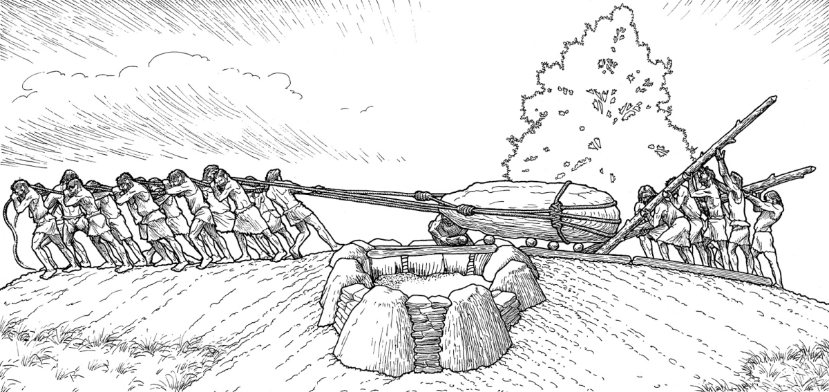 Bau eines Großsteingrabes mit einfachen technischen Mitteln: Erdrampe, Baumstämme, Hebel, Seile (Grafik: Karol Schauer)